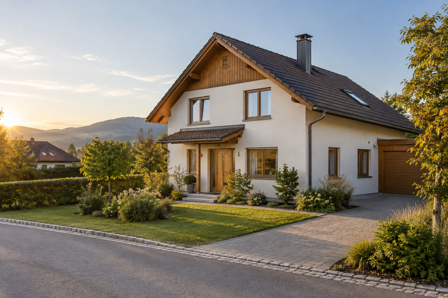 Eigenständiges Wohnhaus mit Garten im warmen Tageslicht
